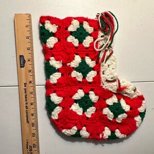 Vintage CROCHETED Granny Square, Red and Green Christmas STOCKING, 11”